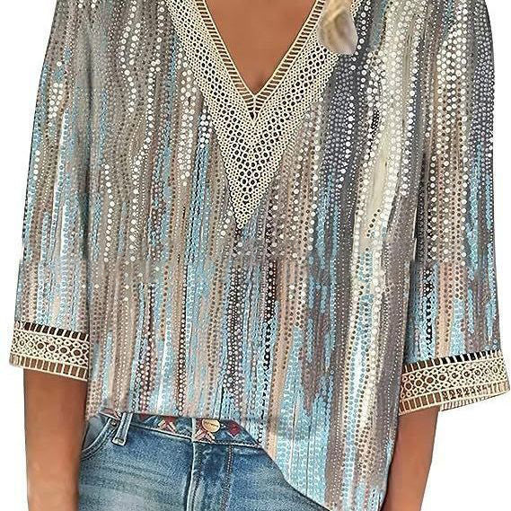 Wear Loose New Floral Print Stitching Lace Half Sleeve V-neck T-shirt Limorista