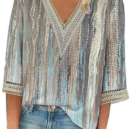 Wear Loose New Floral Print Stitching Lace Half Sleeve V-neck T-shirt Limorista