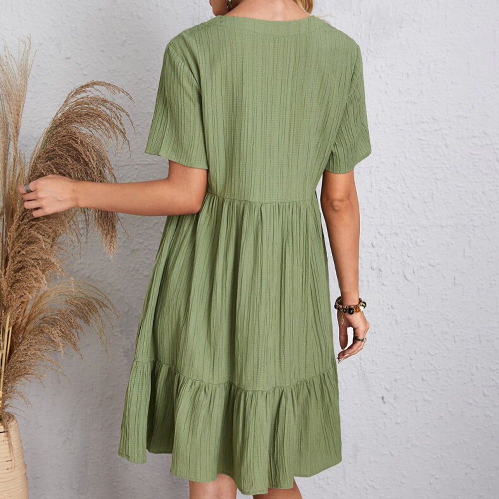 V-neck Short Sleeve Dress Summer Fashion Casual Loose Ruffled Dresses Beach Clothing Women Limorista