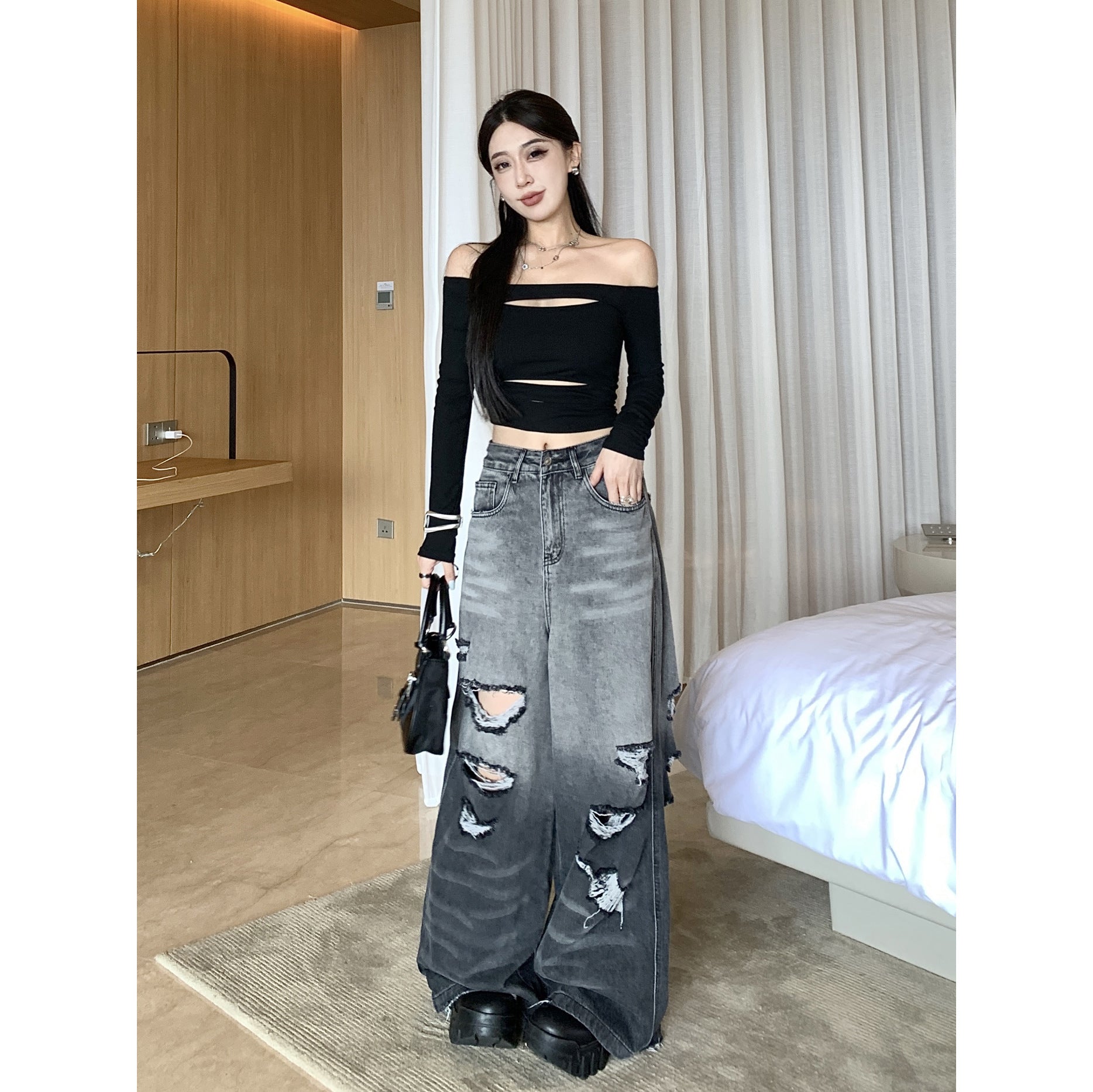 Gradient Color Big Ripped Hot Girl Wide Leg Jeans For Women Limorista