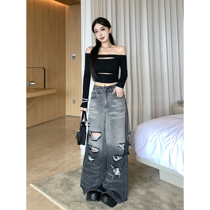 Gradient Color Big Ripped Hot Girl Wide Leg Jeans For Women Limorista