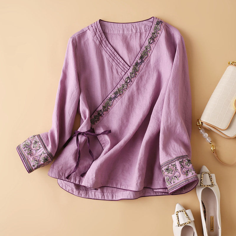Cotton And Linen Long Sleeve T-shirt Women&