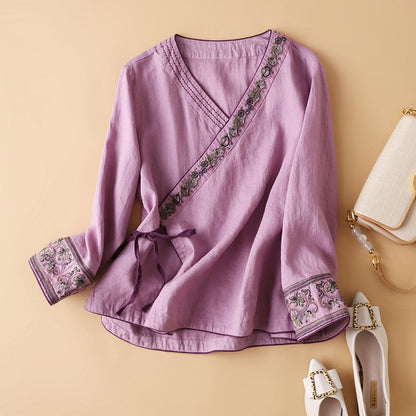 Cotton And Linen Long Sleeve T-shirt Women&