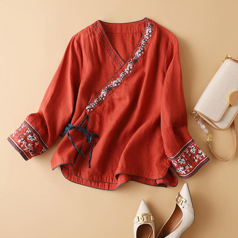 Cotton And Linen Long Sleeve T-shirt Women&