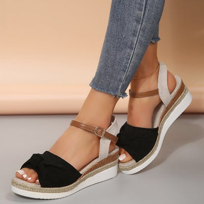 New Thick-soled Bow Sandals Summer Fashion Casual Linen Buckle Wedges Shoes For Women Limorista