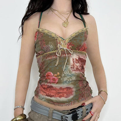Vacation Style Plant Print Ribbon Lace Splicing Sling Vintage Slim-fit Tank Top Limorista