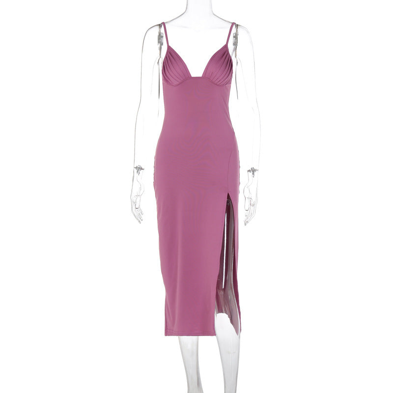 Spaghetti Strap Dress With Split Design Deep V-neck Sleeveless Backless Bodycon Party Dresses For Womens Clothing Limorista