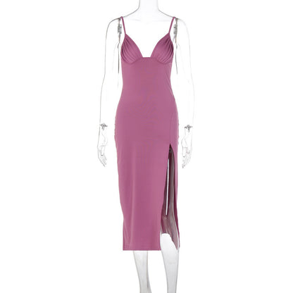 Spaghetti Strap Dress With Split Design Deep V-neck Sleeveless Backless Bodycon Party Dresses For Womens Clothing Limorista