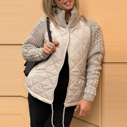 Stand Collar Cotton Jacket With Pockets Fashion Knitted Stitching Zipper Coat Winter Warm Tops For Women Limorista