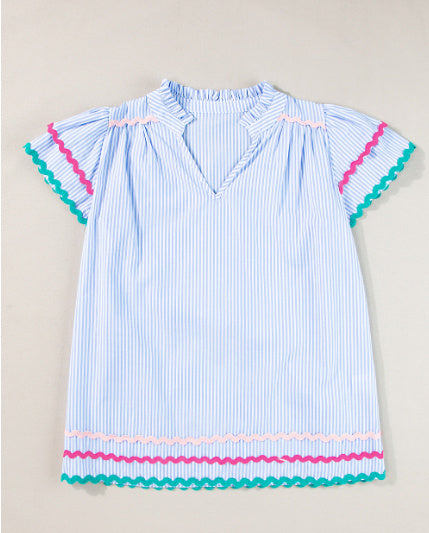 Sky Blue Stripe Ricrac Trim Split Neck Striped Ruffled Sleeve Blouse Limorista
