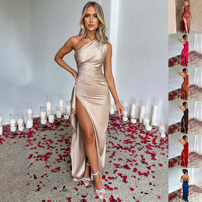 Sexy One-shoulder Backless Slit Dress Summer Elegant Slim-fit Solid Color Satin Dresses For Women Limorista