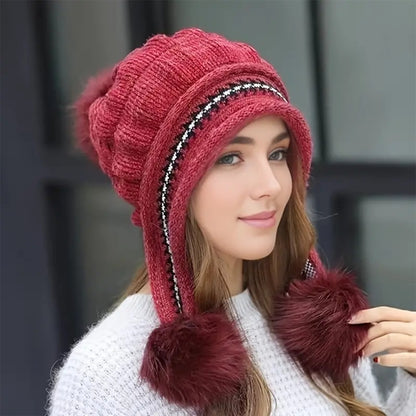 Cozy Knit Fleece-Feel Beanie With Ear Flaps &amp; Pompom Warm Winter Hat For Women Perfect For Skiing &amp; Outdoor Activities Limorista