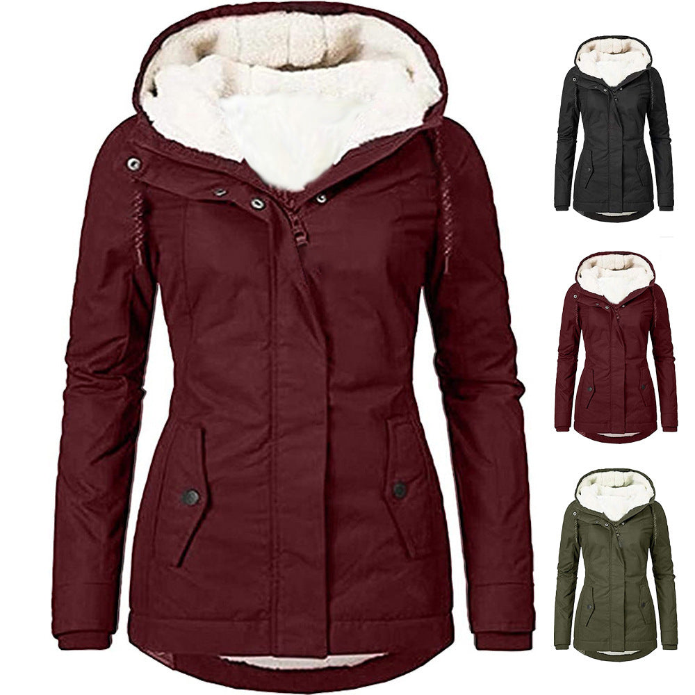 Solid Color Pocket Long-sleeve Zipper Fleece Padded Coat Women Limorista