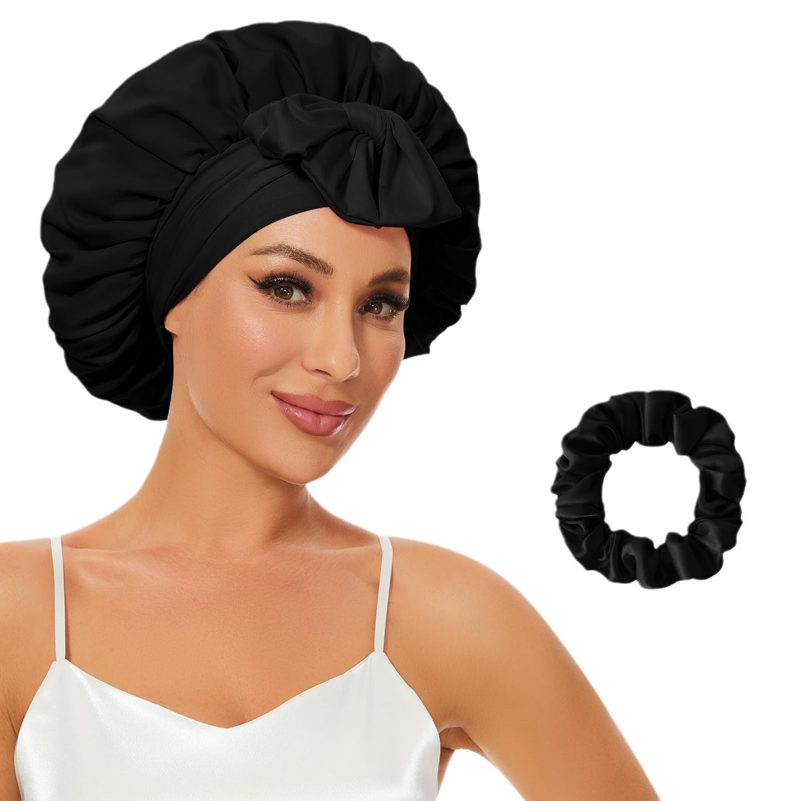 Double-layer Satin Ribbon Round Cap Bow Artificial Silk Beauty Hair Care Wide-brimmed Hat Limorista