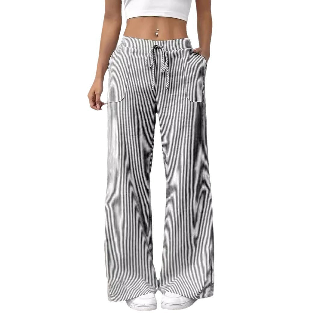 New Striped Trousers With Pockets Casual Versatile Loose Wide Leg Pants Women&
