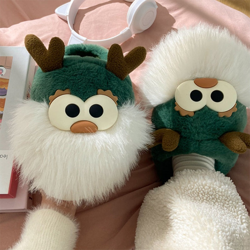 Cute Cartoon Christmas Deer Cotton Shoes Winter Indoor Floor Home Slippers Half-covered Heel Warm Plush Shoes Women Limorista