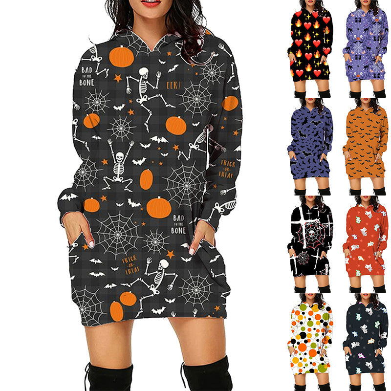 Halloween Print Long Hoodie With Pockets Sweater Long Sleeve Clothes Women - Limorista - Halloween Print Long Hoodie With Pockets Sweater Long Sleeve Clothes Women