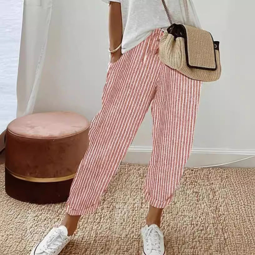 Summer Stripes Casual Pants Loose Elastic Waist Women Limorista