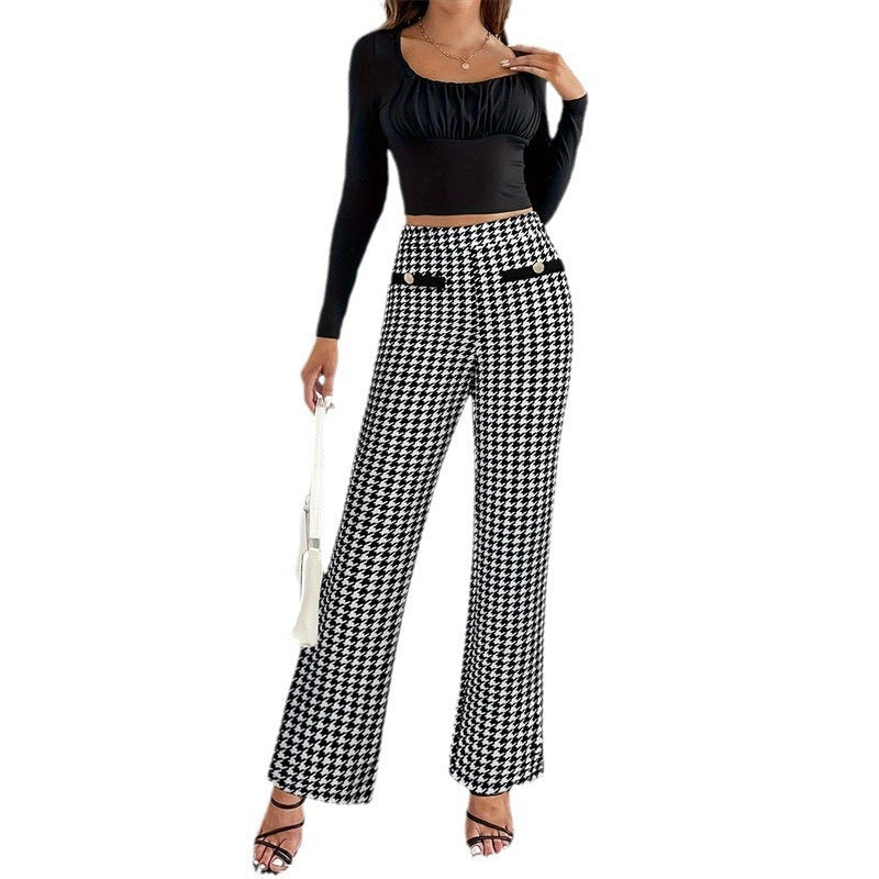 Faux Pocket Fastener Decoration Straight Wide Leg Pants Trousers Limorista