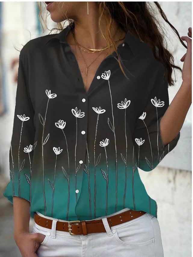 Long Sleeve Floral Collar Loose Casual Shirt Limorista