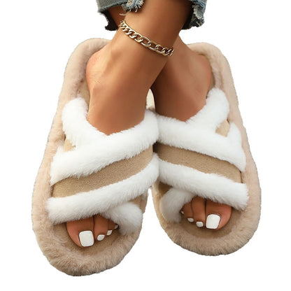 Fluffy Slippers Cross Strap Stitching Warm Casual Platform Slippers Limorista
