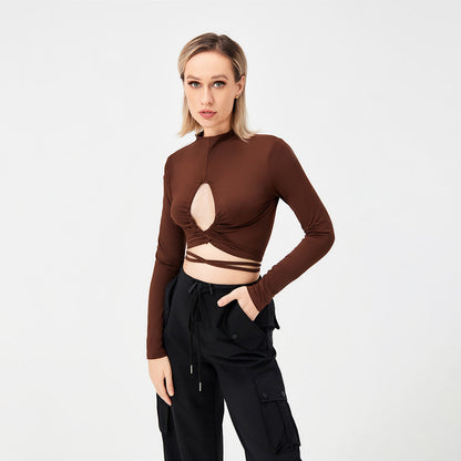 Long Sleeve Tie Cutout Sexy T-Shirt Women&