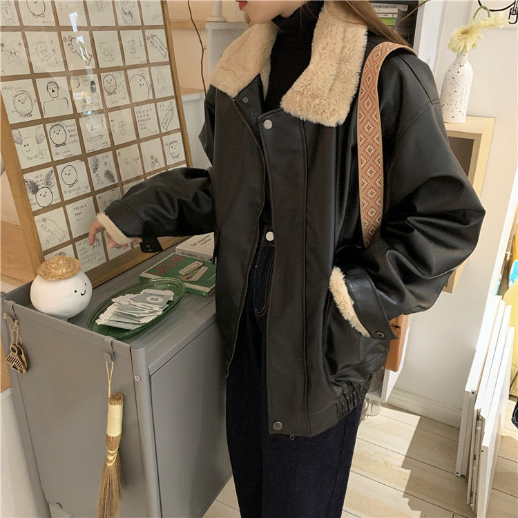 Zipper Retro Fashion Elegance Leather Coat Women&