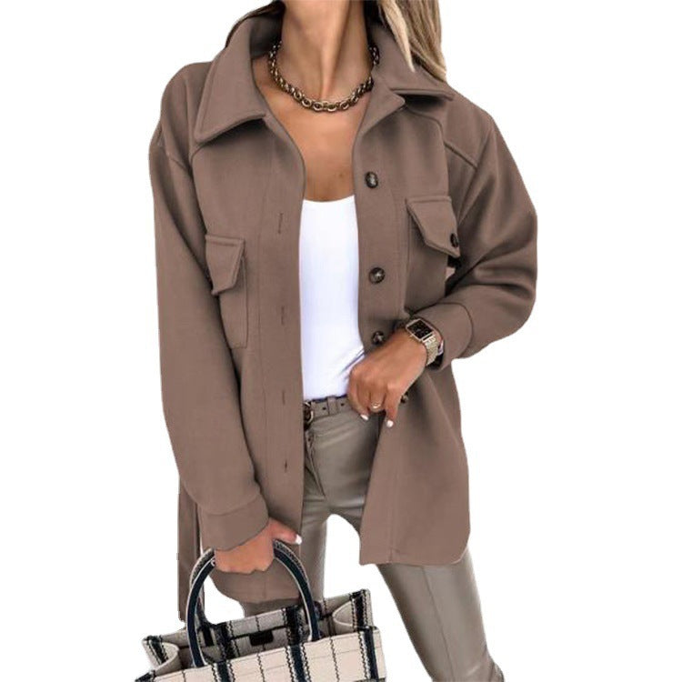 Long-sleeved Temperament Solid Color Lapel Button Lace Woolen Coat Limorista