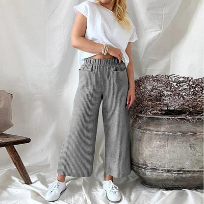 Loose Striped Cotton And Linen Fashion Casual Wide-leg Pants Limorista