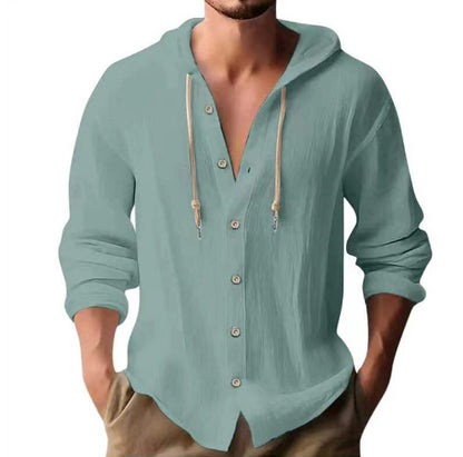 Cotton And Linen Shirt Hooded Sweater Button Long Sleeve Limorista