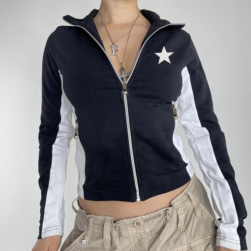 Simple Black And White Pentagram Color Contrast Sweater Coat Limorista