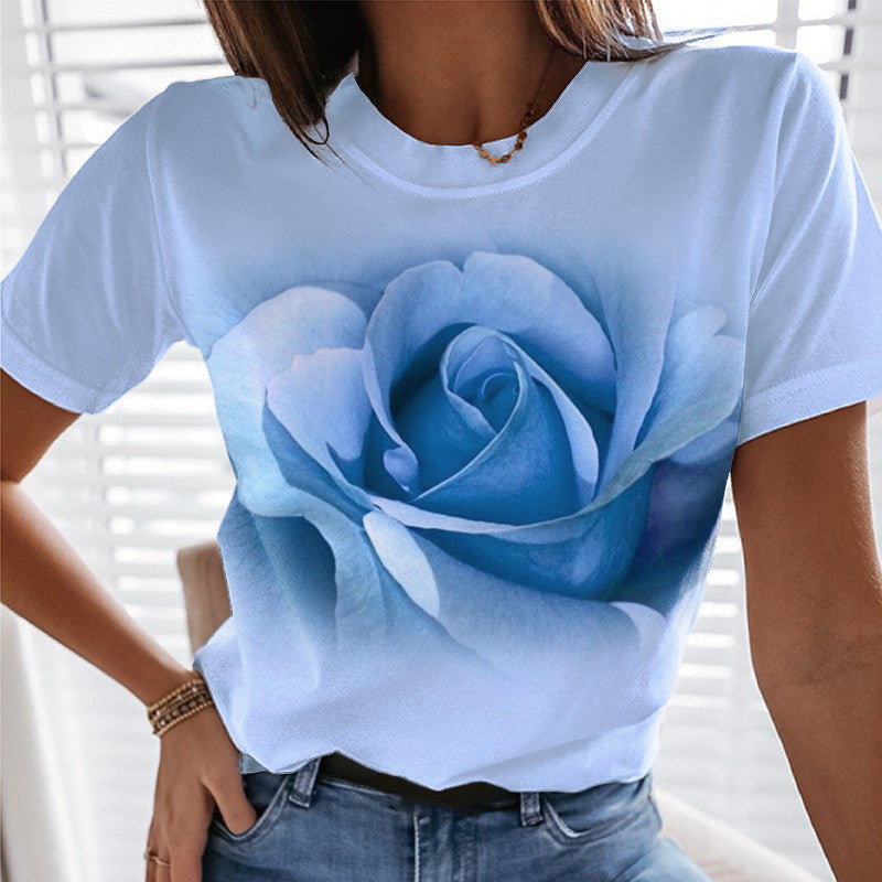 Fashion Rose 3D Printed T-shirt Round Neck Slim Fit Limorista