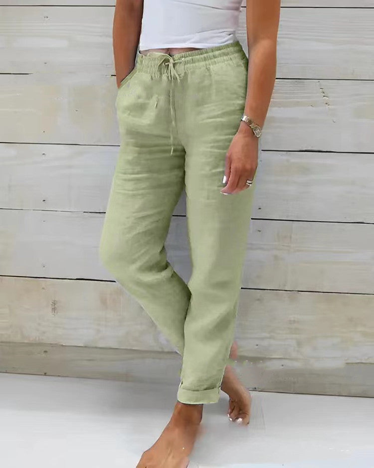 Summer Elastic Waist Solid Color Cotton Linen Wide Leg Pants Loose Pants Women&