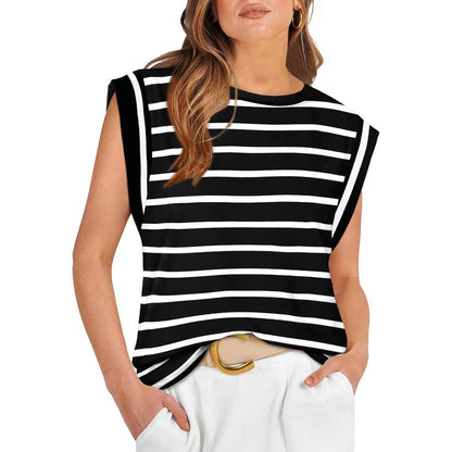 Round Neck Loose Short Sleeves Striped Top For Women Limorista