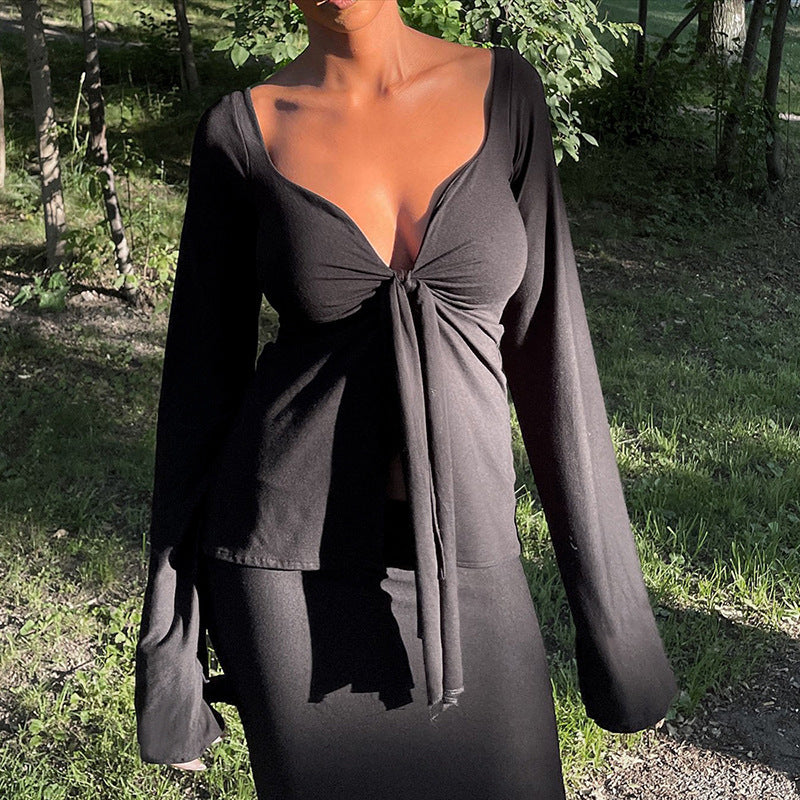 Solid Color Twisted Bell Sleeve Split Midriff-baring Top T-shirt Limorista