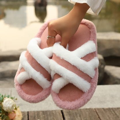 Fluffy Slippers Cross Strap Stitching Warm Casual Platform Slippers Limorista