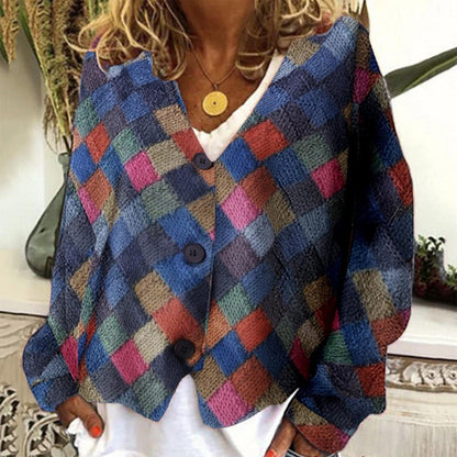 Spring And Autumn Casual V-neck Button Irregular Pattern Print Coat For Women Limorista