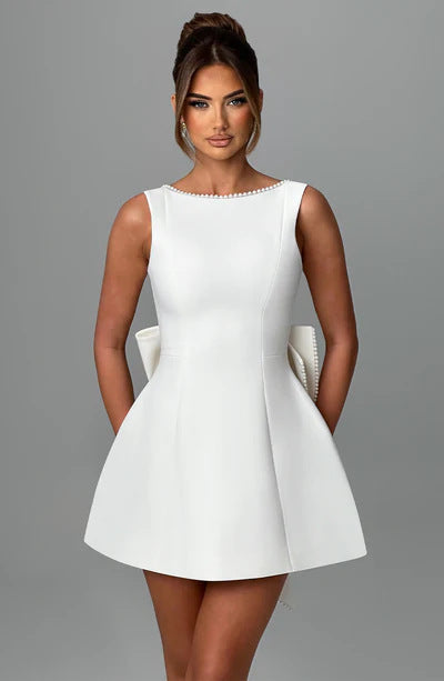 Fashion Big-Bowed Pearls Backless Dress Summer Slim Sleeveless A-line Dresses For Party Evening Women&