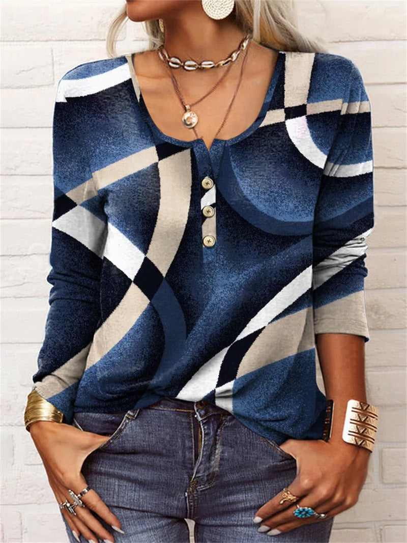 Long Sleeved Geometric Flower Mang U-neck Button Up T-shirt For Women Limorista
