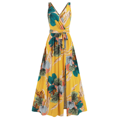 V-neck Floral Print Long Dress Summer Fashion Waist Tie Slit Design Sleeveless Dress For Womens Clothing Limorista