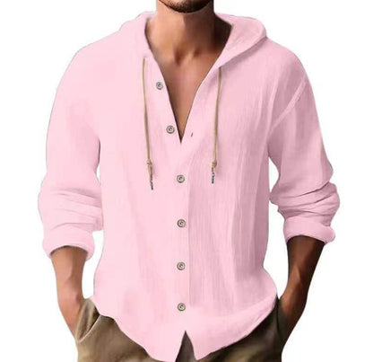 Cotton And Linen Shirt Hooded Sweater Button Long Sleeve Limorista