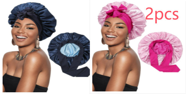 Double-layer Satin Ribbon Round Cap Bow Artificial Silk Beauty Hair Care Wide-brimmed Hat Limorista