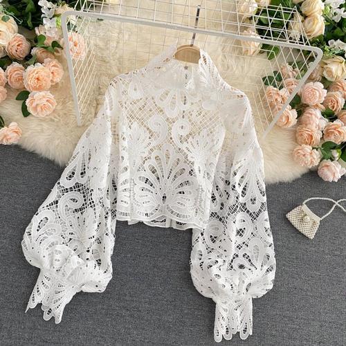 Design Sense Lace Hollow Top Stand-up Collar Puff Sleeve Loose Shirt Limorista