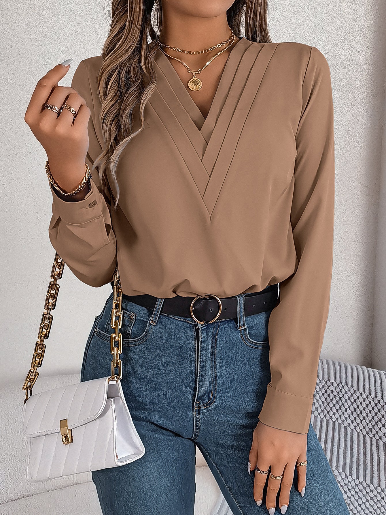 Fashion V-Neck Long Sleeve Shirt Elegant Commuter Solid Blouse Office Women&