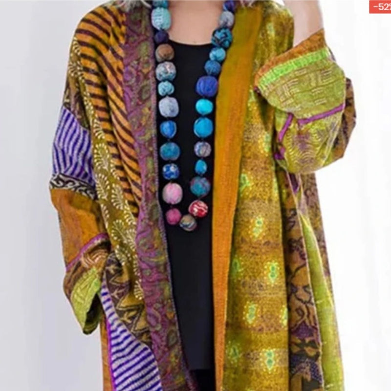 Cotton And Linen Loose Ethnic Style Plus Size Long Sleeve Printed Coat Limorista