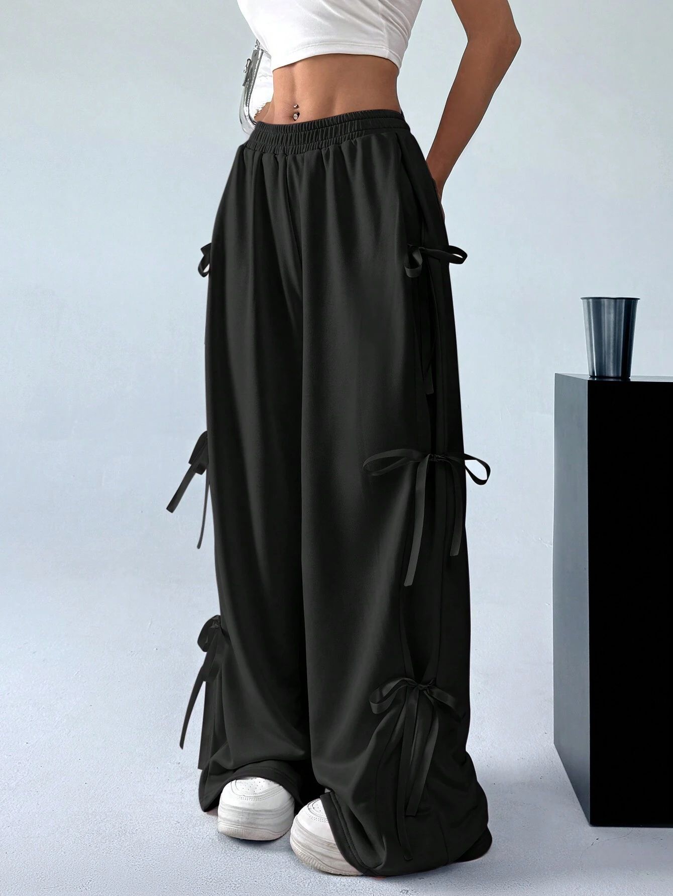 Elastic Waist Solid Color Bow Lace Up Casual Straight-leg Pants Limorista