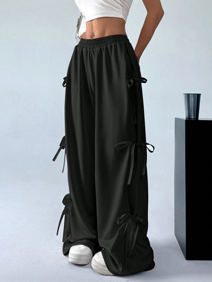 Elastic Waist Solid Color Bow Lace Up Casual Straight-leg Pants Limorista