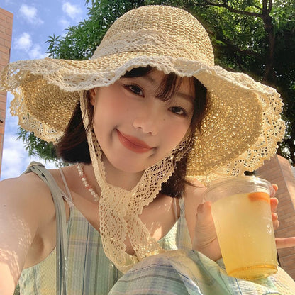 Lace String Color Woven Straw Hat Summer Versatile Outdoor Travel Beach Hat Cute Girl Ins Bucket Hat Limorista