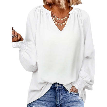 Autumn And Winter Solid Color Simple Cuff Smocking V-neck Women&