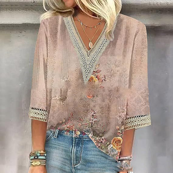 Wear Loose New Floral Print Stitching Lace Half Sleeve V-neck T-shirt Limorista